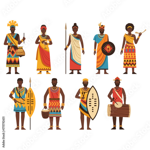 African tribal people in traditional clothing and accessories.