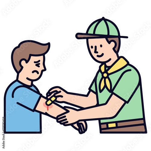 Boy Scout applying bandage to injured arm of another.