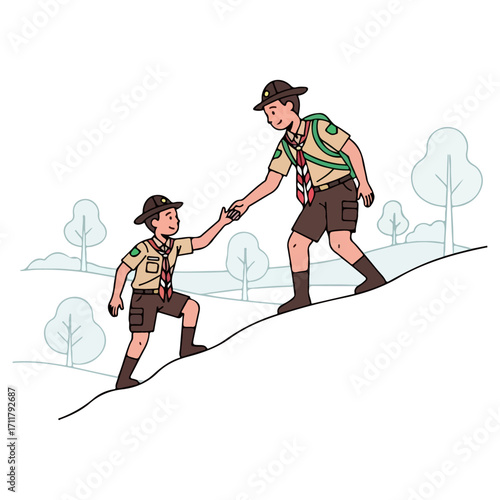 Boy Scout Helping Another Climb Hillside Outdoors.