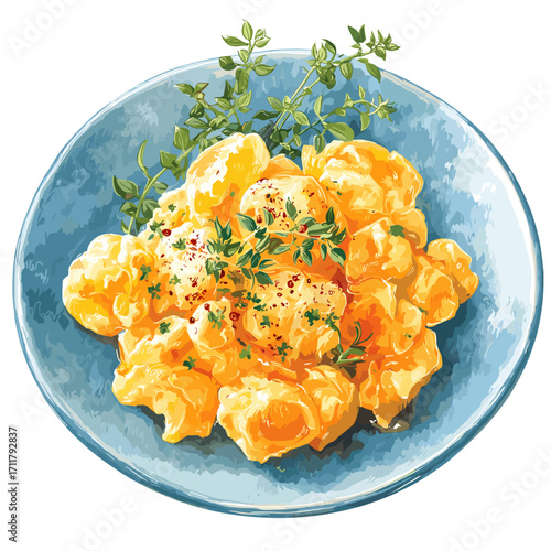 Vector illustration of a plate of scrambled eggs isolated on a solid white background