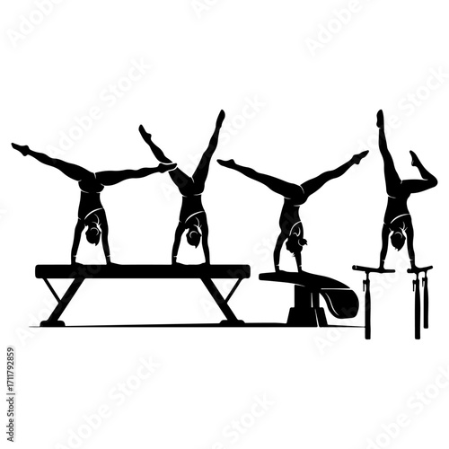 Gymnasts performing handstands on various apparatuses in silhouette.