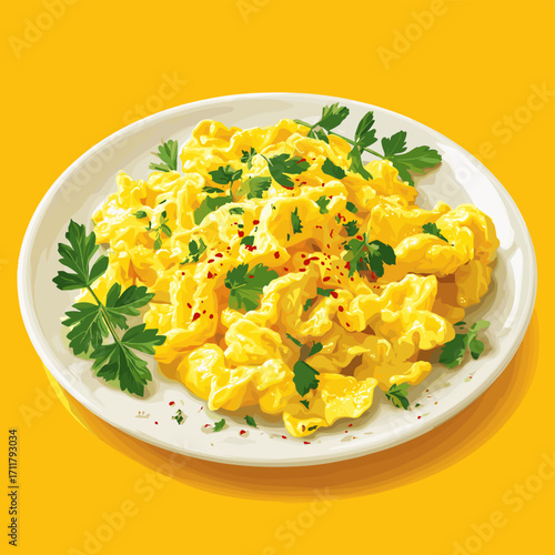 Vector illustration of a plate of scrambled eggs isolated on a solid white background