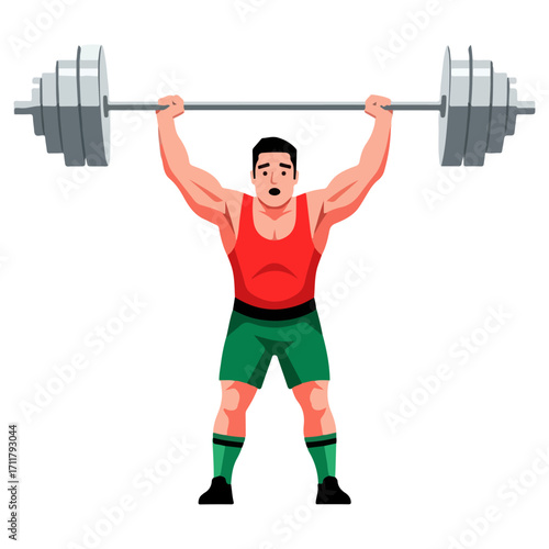 Strong weightlifter lifting heavy barbell overhead during training session.
