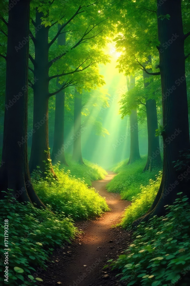 Naklejka premium Sun-dappled forest path winding through lush green woods, sunlight filtering through leaves, creating a magical atmosphere Perfect for fantasy, nature, or adventure themes , ecology, sunlight