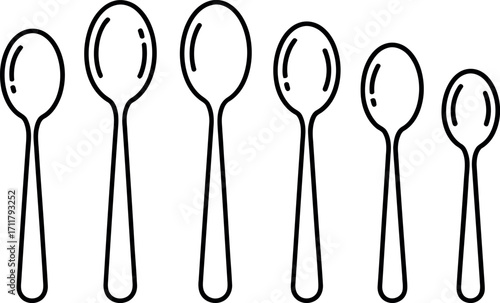 A line of six spoons of varying sizes, from smallest to largest, depicted in a simple outline style.
