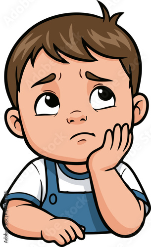 Pensive Young Boy Cartoon Illustration, Thoughtful Expression, Blue Overalls
