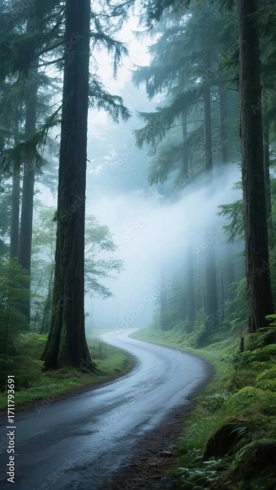 Fototapeta premium Winding road through a misty forest with tall evergreen trees and damp surroundings