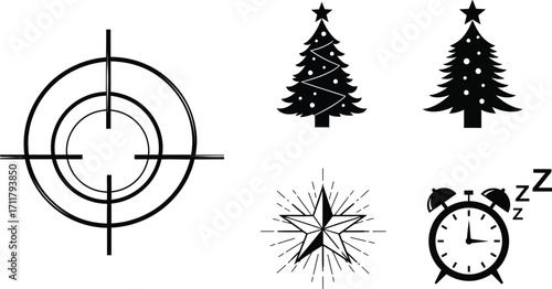 Holiday icons including a target, Christmas trees, starburst, and alarm clock with sleeping symbol.