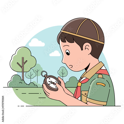 Boy Scout Navigating with Compass in Nature.
