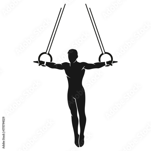 Gymnast performing on rings with focused determination and strength.