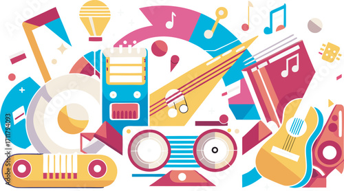 Vibrant and energetic collage of musical instruments and elements evoking joyful melodies and rhythms Art & Illustration