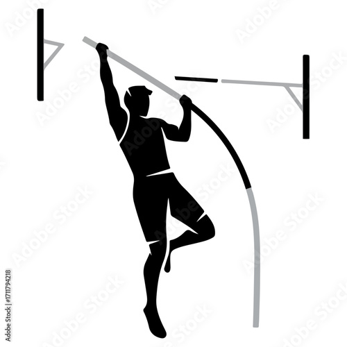 Pole vaulter in action soaring over the bar during competition.