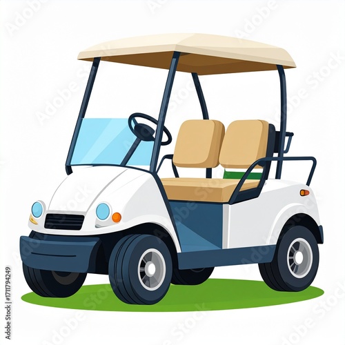 A cartoon illustration of a white golf cart with beige seats, ready for leisure.