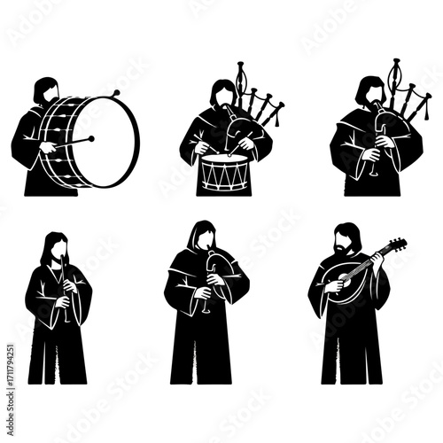 Medieval musicians playing various instruments in black and white.