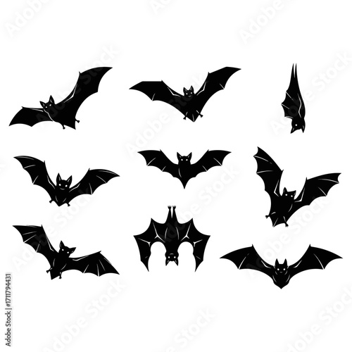 Silhouette of Bats in Flight Against a White Background.