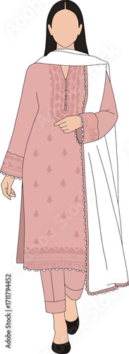 Pakistani woman in pastel pink embroidered shalwar kameez with dupatta isolated