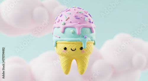 Against a background of fluffy pink clouds, kawaii ice cream cone with cheerful expression features pastel-colored scoops and colorful sprinkles. Children’s dentistry concept.