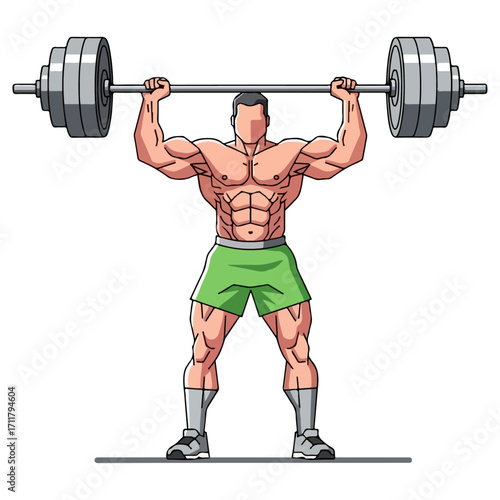 Weightlifter performing overhead press with heavy barbell.