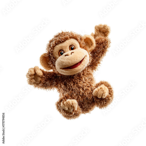 Joyful Brown Plush Monkey Toy, Isolated on Black Background