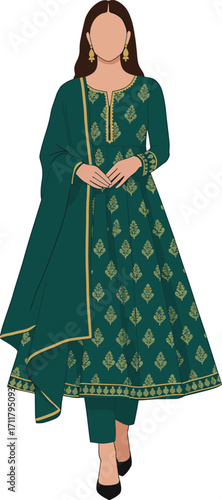Pakistani woman in teal anarkali kameez with churidar and dupatta isolated