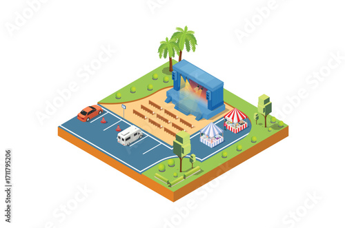 Music Event Stage with ample parking and vehicle parking, Suitable for Diagrams, Game Asset, And Other asset