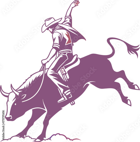 Dynamic illustration captures a cowboy skillfully riding a bucking bull in a rodeo competition with intense action Art & Illustration