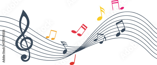 Abstract musical notes dance across a flowing staff creating a vibrant and dynamic visual symphony of sound and color Art & Illustration