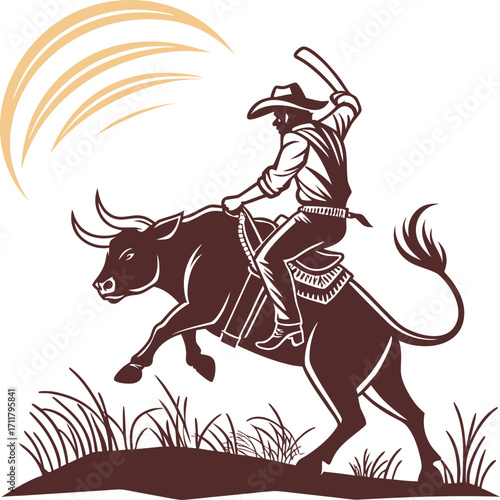 Dynamic illustration captures the thrill of a cowboy bravely riding a bucking bull in a rodeo arena Art & Illustration