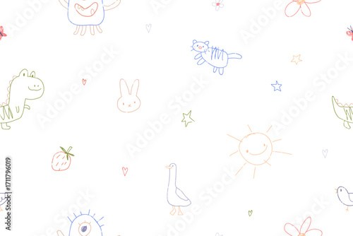 Kids drawings, seamless pattern. Endless background, childish texture with cute doodles, baby scribbles. Children sketches, repeating print for fabric, textile design. Colored flat vector illustration