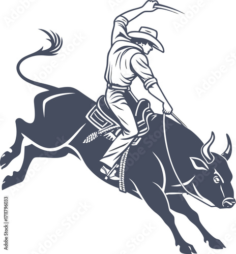 Dynamic illustration captures a determined cowboy skillfully riding a bucking bull in a rodeo competition Art & Illustration