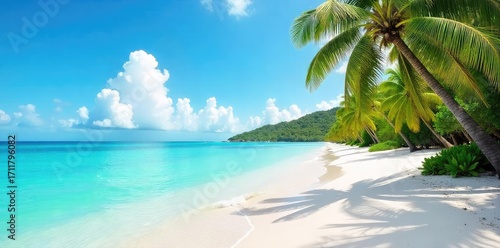 Fototapeta Naklejka Na Ścianę i Meble -  Tranquil turquoise waters lap gently on a pristine white sand beach, palm trees swaying in the gentle breeze, creating a perfect tropical paradise scene , ocean view, white beach