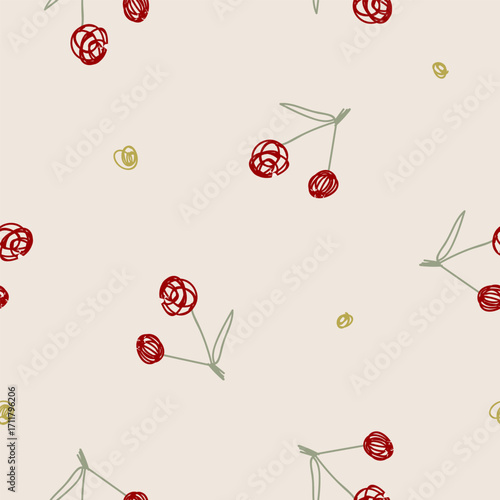 Cherry branches, seamless pattern in scribble doodle style. Endless backgroun...