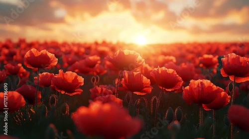 Poppy Field at Sunset: A sea of vibrant red poppies stretches towards the horizon, illuminated by the warm glow of a breathtaking sunset. The scene evokes feelings of tranquility and natural beauty. 