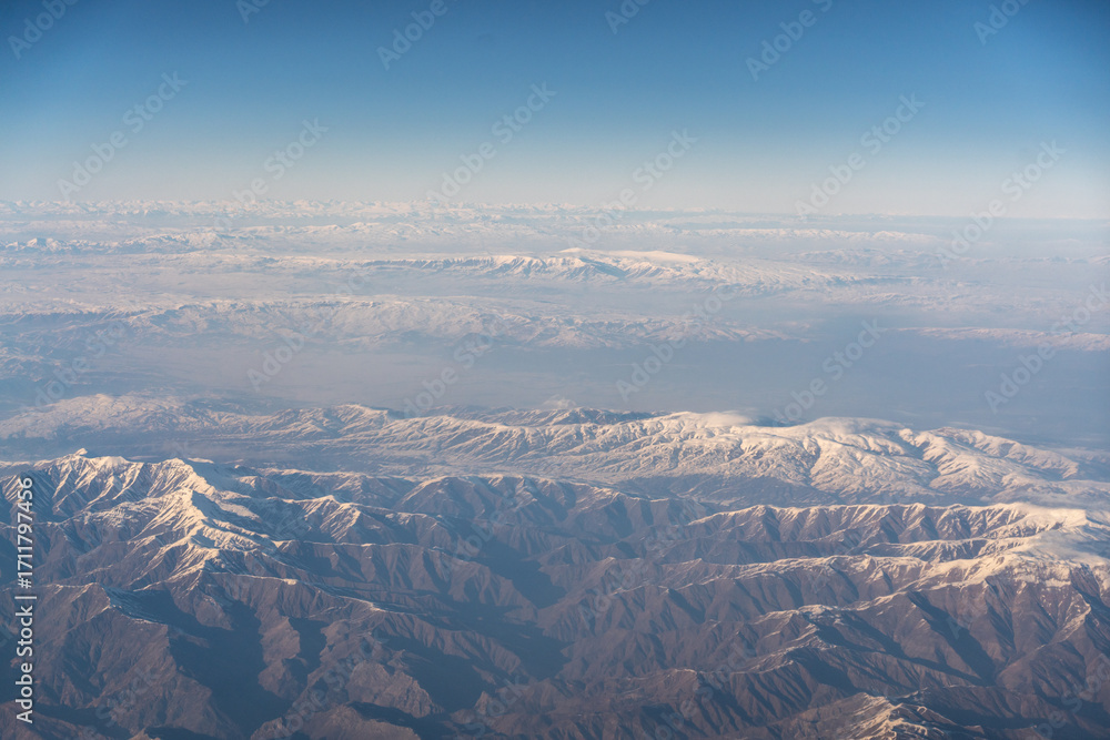 Obraz premium Plane Window View, Snow Mountains Aircraft Fly Landscape, Looking from Plane Cabin