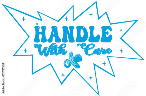 “Handle with Care” tag for baby boy shower or baptism in white and light blue. Perfect label design for packaging, favors, branding, decorations, print, and creative projects.