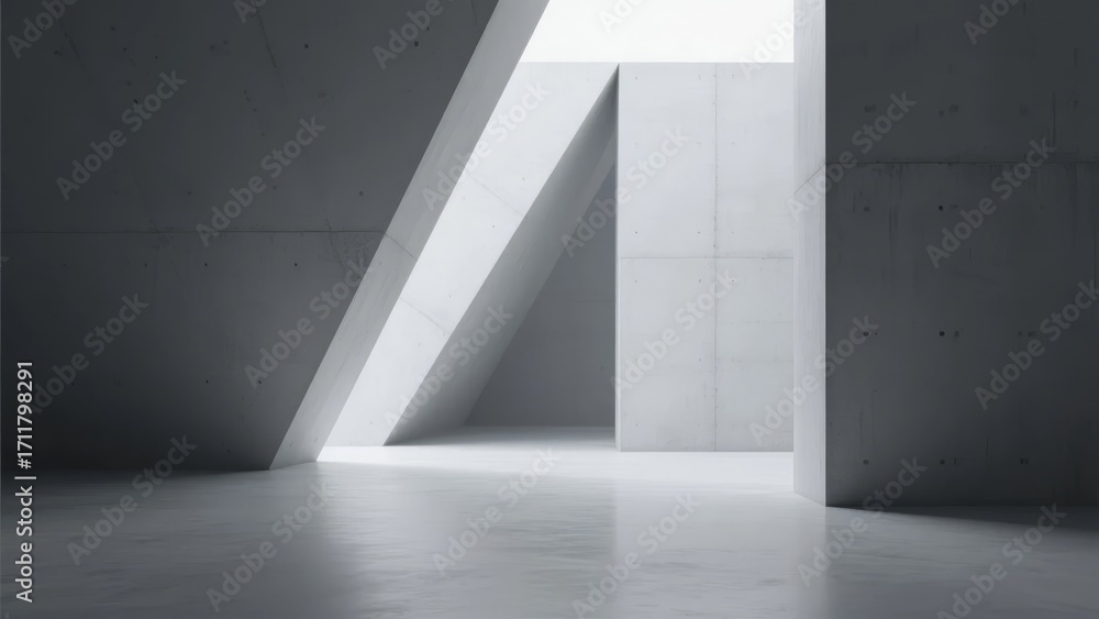 Fototapeta premium Minimalist concrete interior with geometric light beam and angular architecture