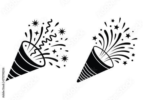 Two black and white cartoon style party poppers exploding with confetti and streamers