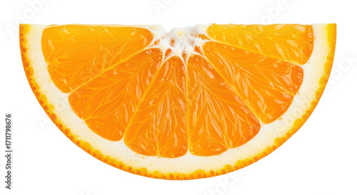 Isolated orange slice, half circle shape, vivid citrus fruit, healthy food, refreshing snack