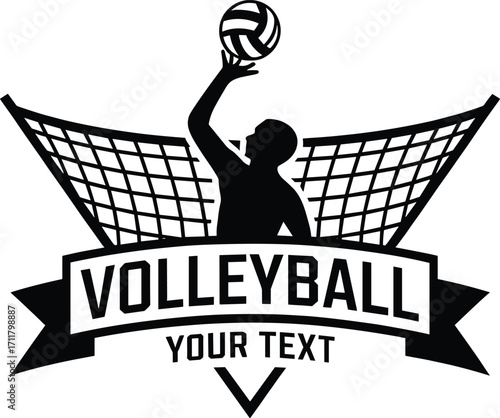Dynamic volleyball emblem logo silhouette with net and banner for sports teams and clubs