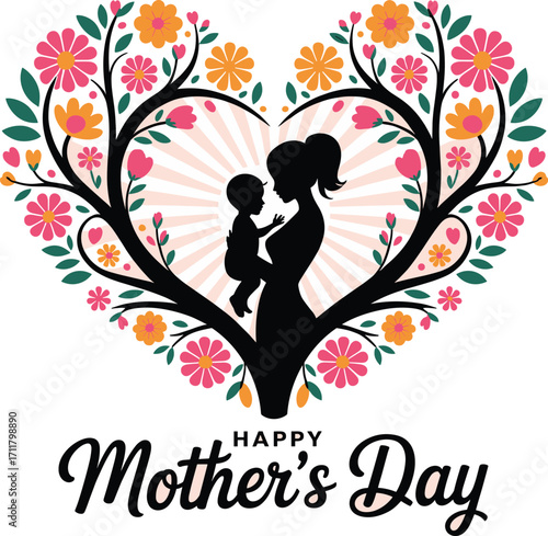 Happy mother's day heart shape floral tree silhouette mother and child loving family