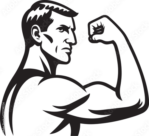 flexed bicep muscle arm silhouette, strong muscular arm line art, fitness gym bodybuilding icon, flexing arm vector illustration, strength power symbol
