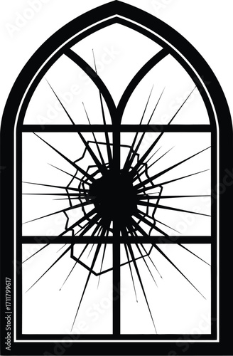 Broken gothic window with shattered glass, symbolizing destruction and loss.