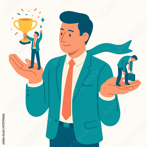 Businessman holding tiny figures of success and failure in his hands, illustrating career choices and outcomes.