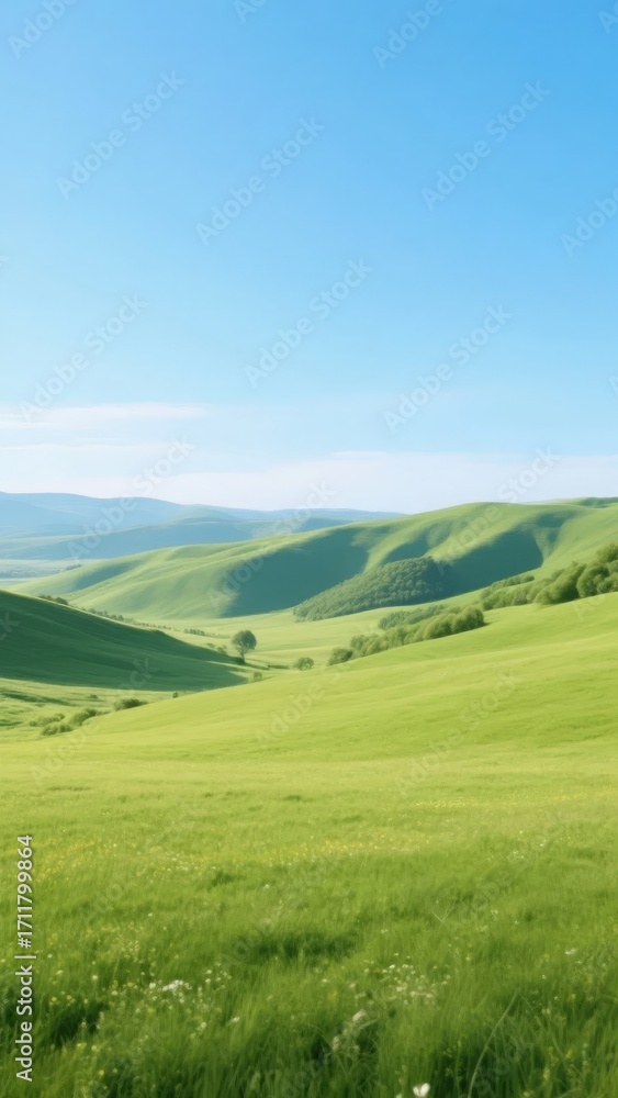 Fototapeta premium Rolling green hills under a clear blue sky in a serene countryside landscape