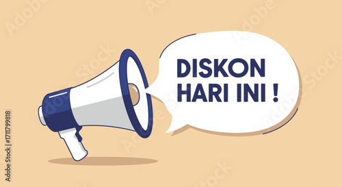 A megaphone blue and white with a speech bubble The bubble says DISKON HARI INI on a beige background