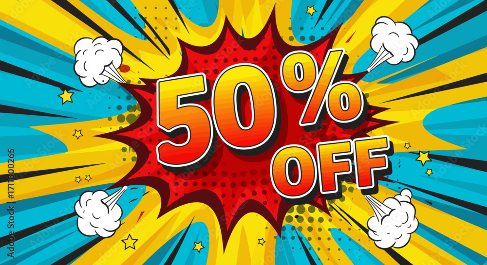 Fototapeta premium Comic style graphic with 50 OFF text Burst background with yellow blue and red colors White clouds and stars
