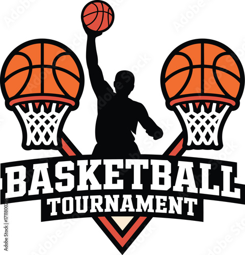 Dynamic basketball tournament emblem design featuring player and hoops for sports competitions