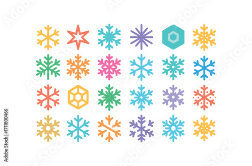 colorful flat vector icons Snowflakes (Types) hexagon flake star flake dendrite flake needle flake plate flake stellar flake branch flake fern flake lacy flake simple flake ornate flake.