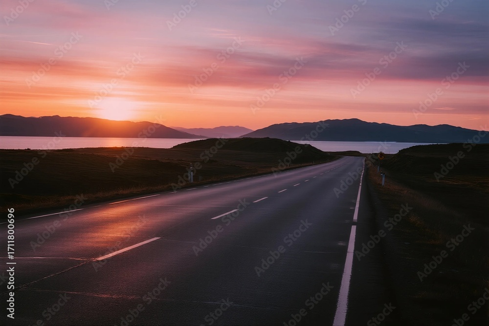 Naklejka premium Beautiful Sunset Over an Empty Road with Mountains in the Distance