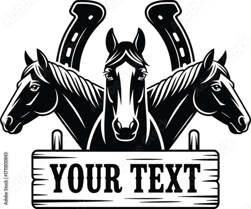 Rustic horse heads emblem with horseshoe and wood sign for western branding